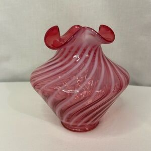 Fenton Spiral Optic Cranberry Red Opalescent Swirl Vase Vintage 1950s Excellent